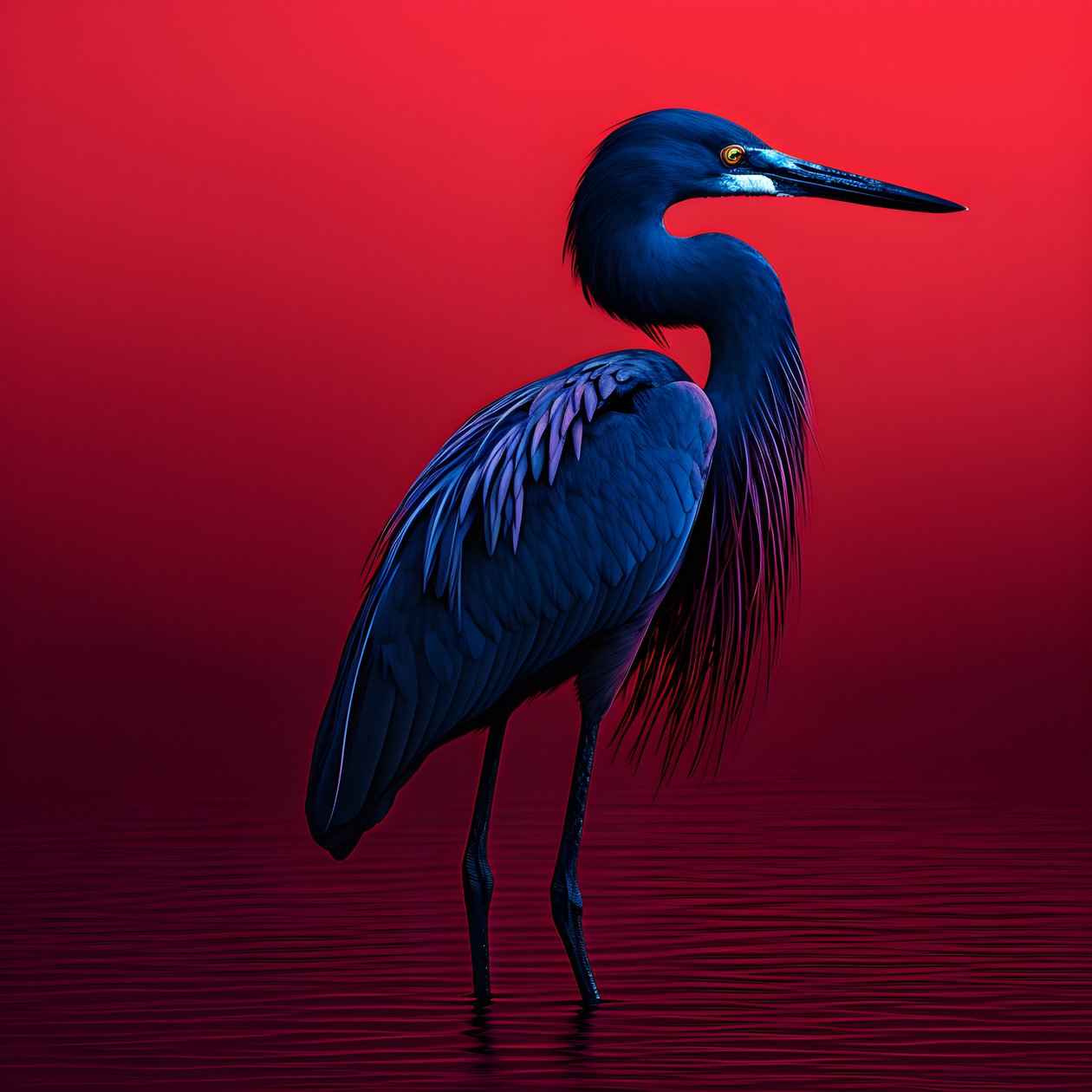kırmızı kağıt 3 üzerinde egzotik bir kobalt mavisi ak balıkçıldan oluşan synthwave dijital güzel sanat eseri by Kurt Heppke