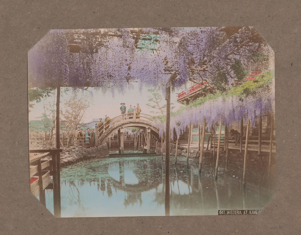 Kameido, Tokyo, Japonya'da ön planda çiçek açan wisteria ile bir köprüde insanlar by Kusakabe Kimbei