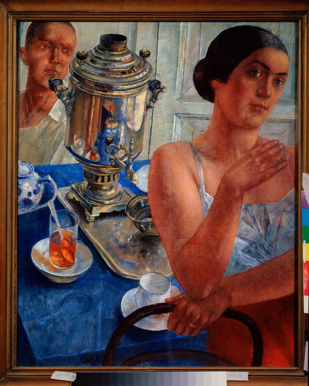 Semaverin çevresinde. (Günlük hayattan bir sahne, bir çift çay içiyor). Kuzma Sergeyevich Petrov Vodkin (Petrov-Vodkin) (Kouzma Petrov Vodkin) (Petrov-Vodkin) (1878-1939) tarafından tablo, tuval üzerine yağlı boya by Kuzma Sergeevich Petrov Vodkin