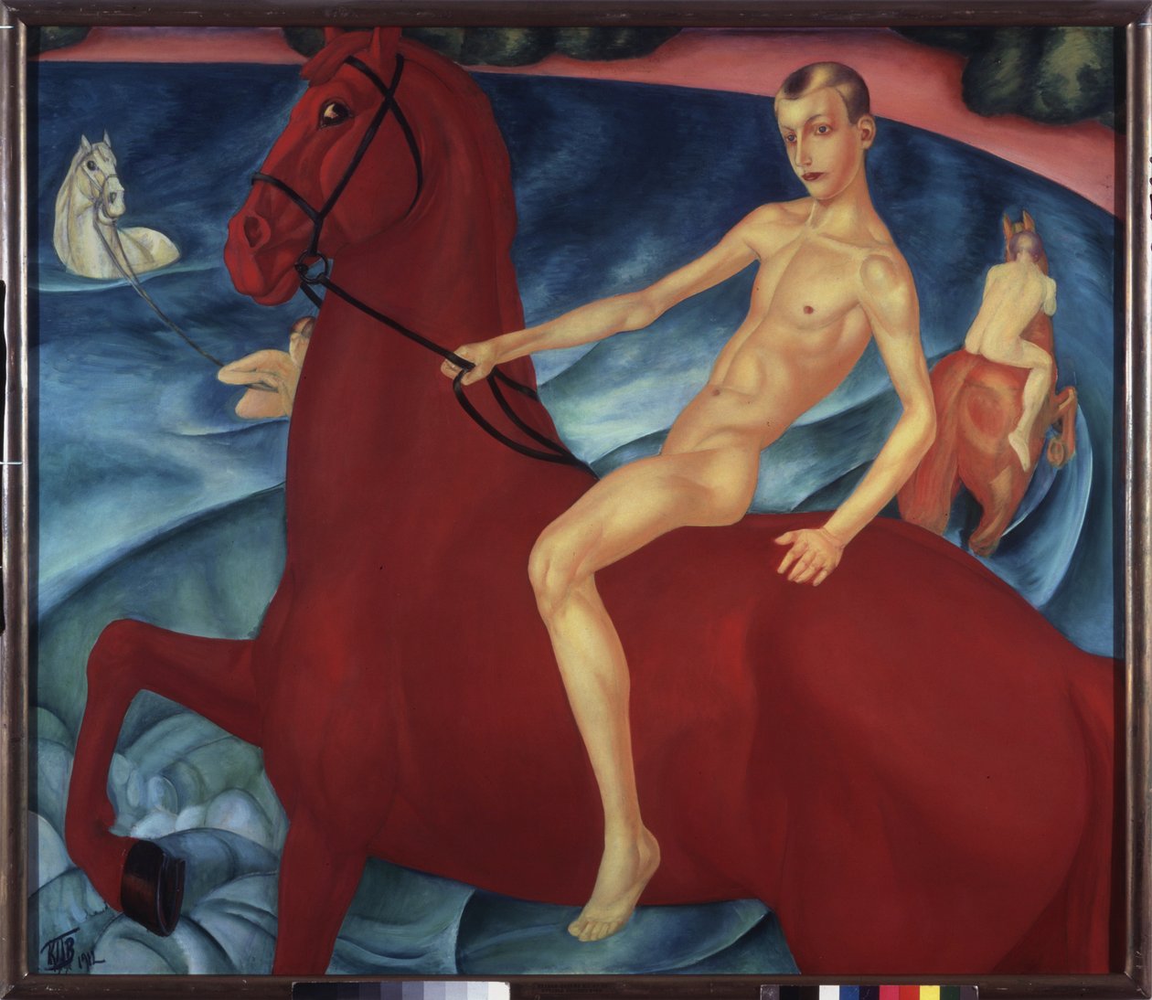 Kırmızı bir atın yıkanması. Kuzma Sergeevich Petrov Vodkin (Petrov-Vodkin) (Kouzma Petrov Vodkin) (Petrov-Vodkin) (1878-1939) tarafından tablo, tuval üzerine yağlı boya by Kuzma Sergeevich Petrov Vodkin