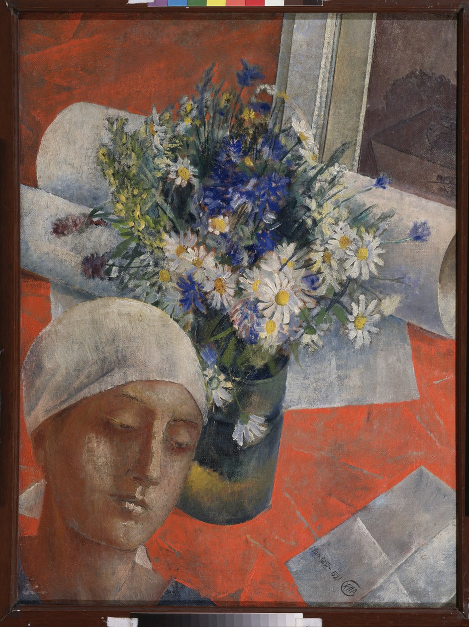 Çiçekler ve bir kadının kafası. Kuzma Sergeevich Petrov Vodkin (Petrov-Vodkin) (Kouzma Petrov Vodkin) (Petrov-Vodkin) (1878-1939) tarafından tablo, tuval üzerine yağlı boya by Kuzma Sergeevich Petrov Vodkin