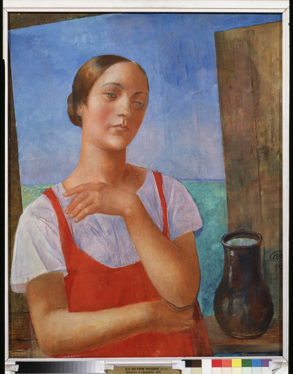 Yazlık elbiseli genç kadın. Kuzma Sergeevich Petrov Vodkin (Petrov-Vodkin) (Kouzma Petrov Vodkin) (Petrov-Vodkin) (1878-1939) tarafından tablo, tuval üzerine yağlı boya by Kuzma Sergeevich Petrov Vodkin