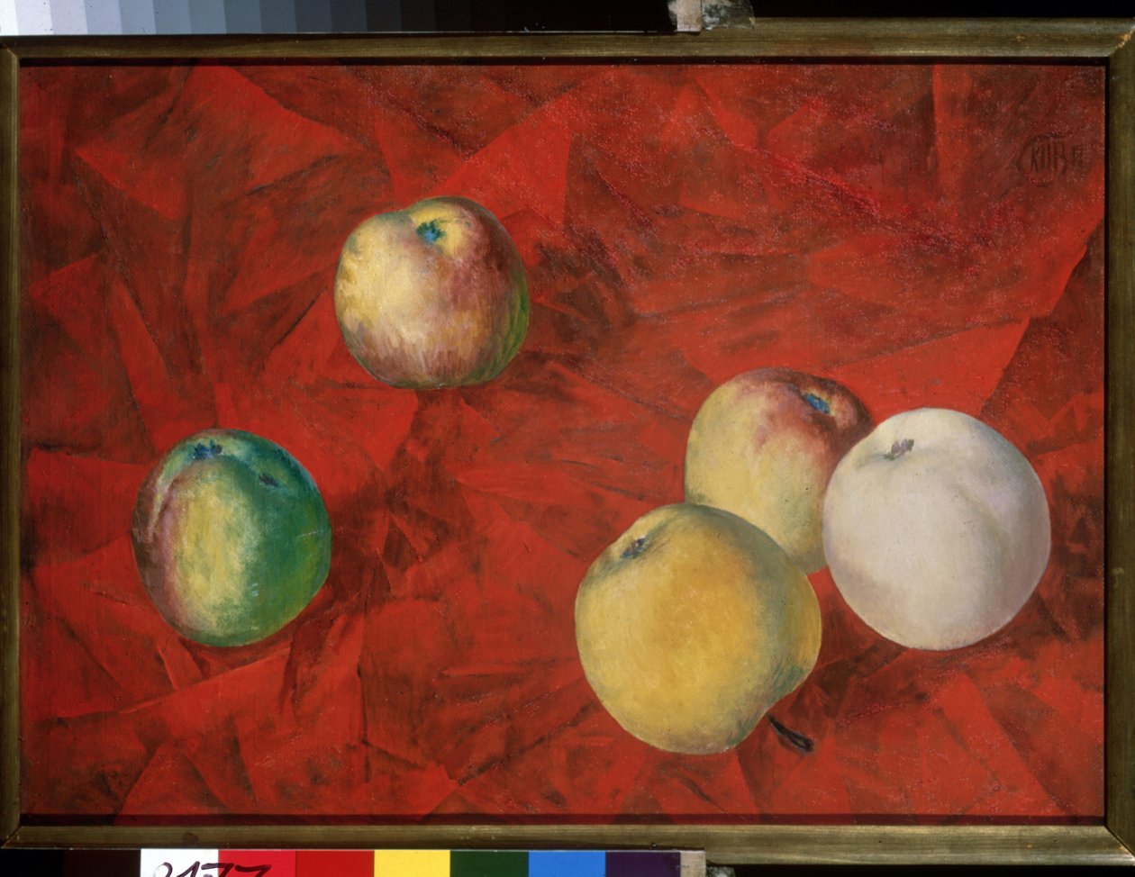 Elma kırmızı bir arka plan üzerinde. (Kırmızı Zemin Üzerine Elmalar). Kuzma Sergeyevich Petrov Vodkin (Petrov-Vodkin) (Kouzma Petrov Vodkin) (Petrov-Vodkin) (1878-1939) tarafından tablo, tuval üzerine yağlı boya by Kuzma Sergeevich Petrov Vodkin