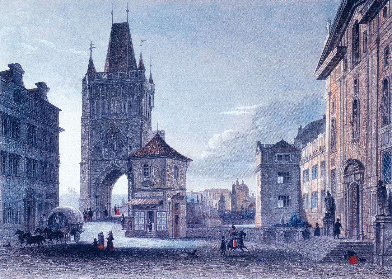 Old Town Bridge Tower, c.1840 (renkli çelik gravür) by L. and Poppel, J. Lange