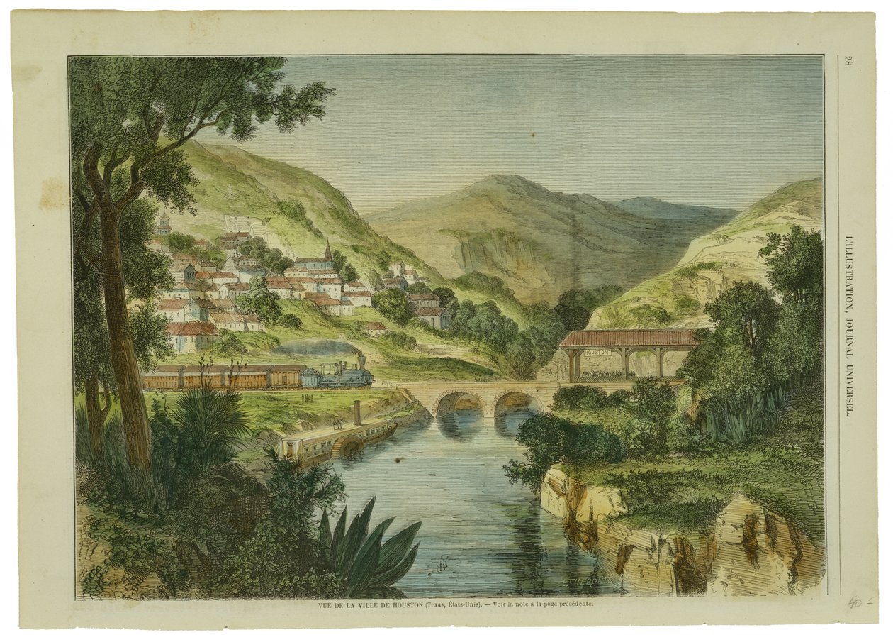Vue de la Ville de Houston, c. 1855-1865 (dokuma odun hamuru kağıdına elle boyanmış ahşap gravür) by L. after Regnier