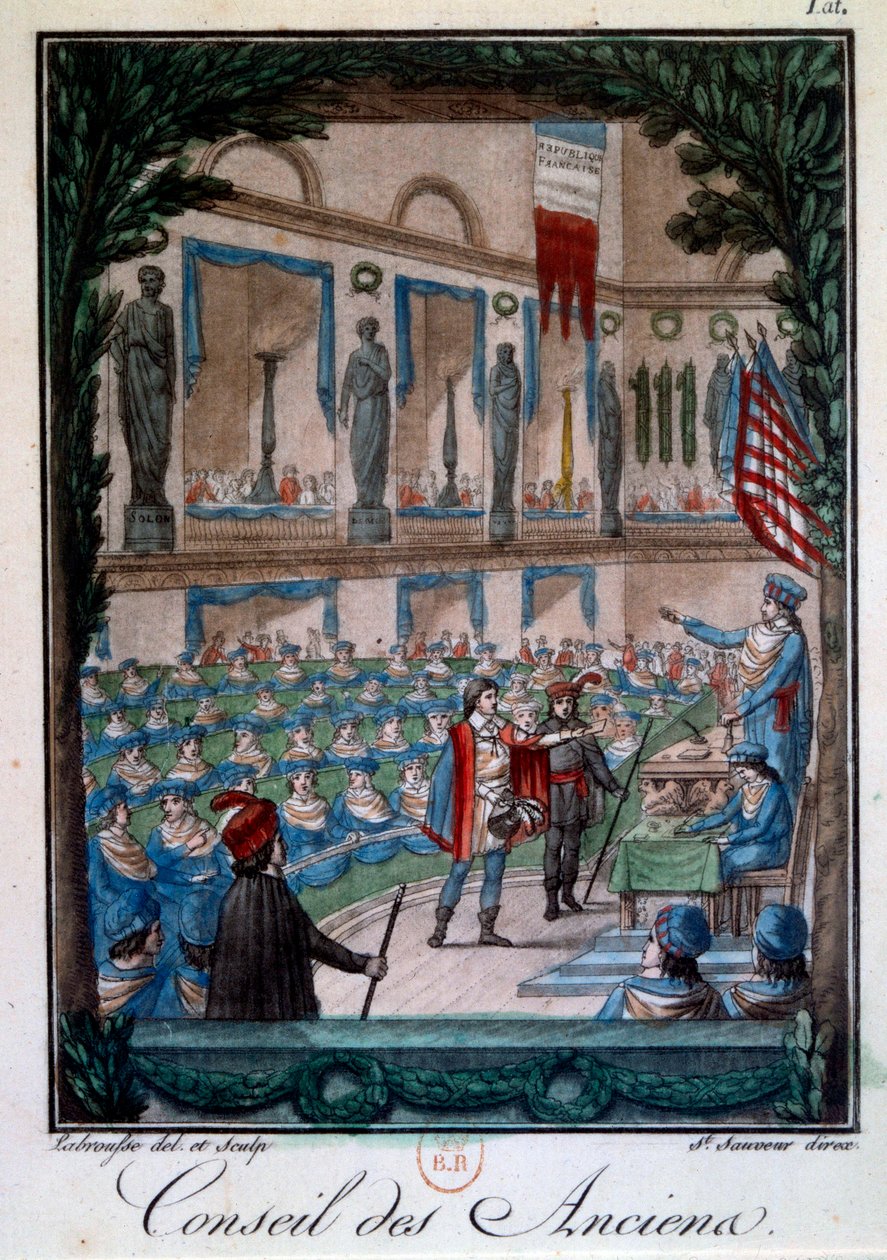 Rehber: “” Le Conseil des Ancients”” “” Mors et gümrük du peuple francais” den gravür, Labrousse tarafından gravür. 18. yüzyıl Paris, B.N. by L.F. Labrousse