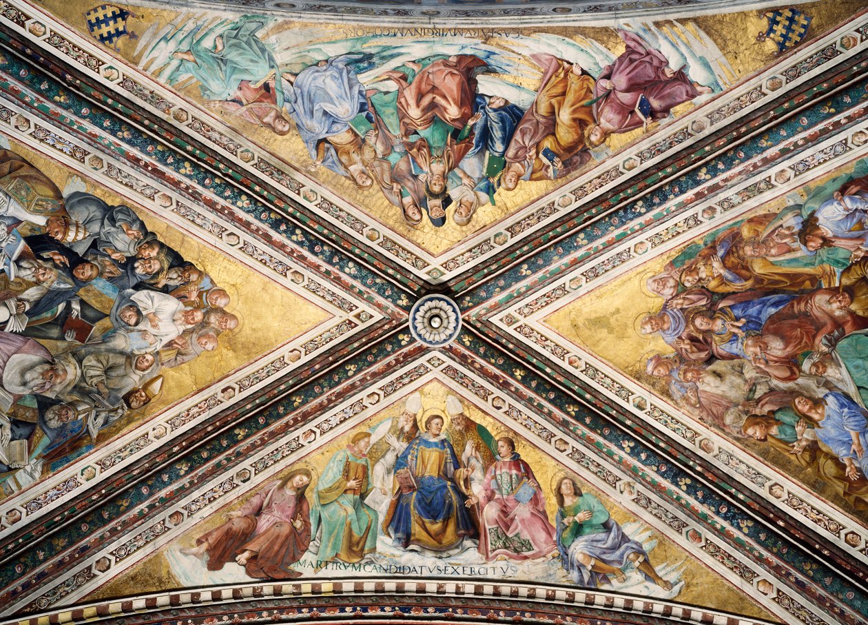 Fra Angelico ve Luca Signorelli olarak bilinen Giovanni da Fiesole tarafından freskli tonoz, Madonna di San Brizio Şapeli, Orvieto Katedrali. İtalya by L Fra Angelico and Signorelli