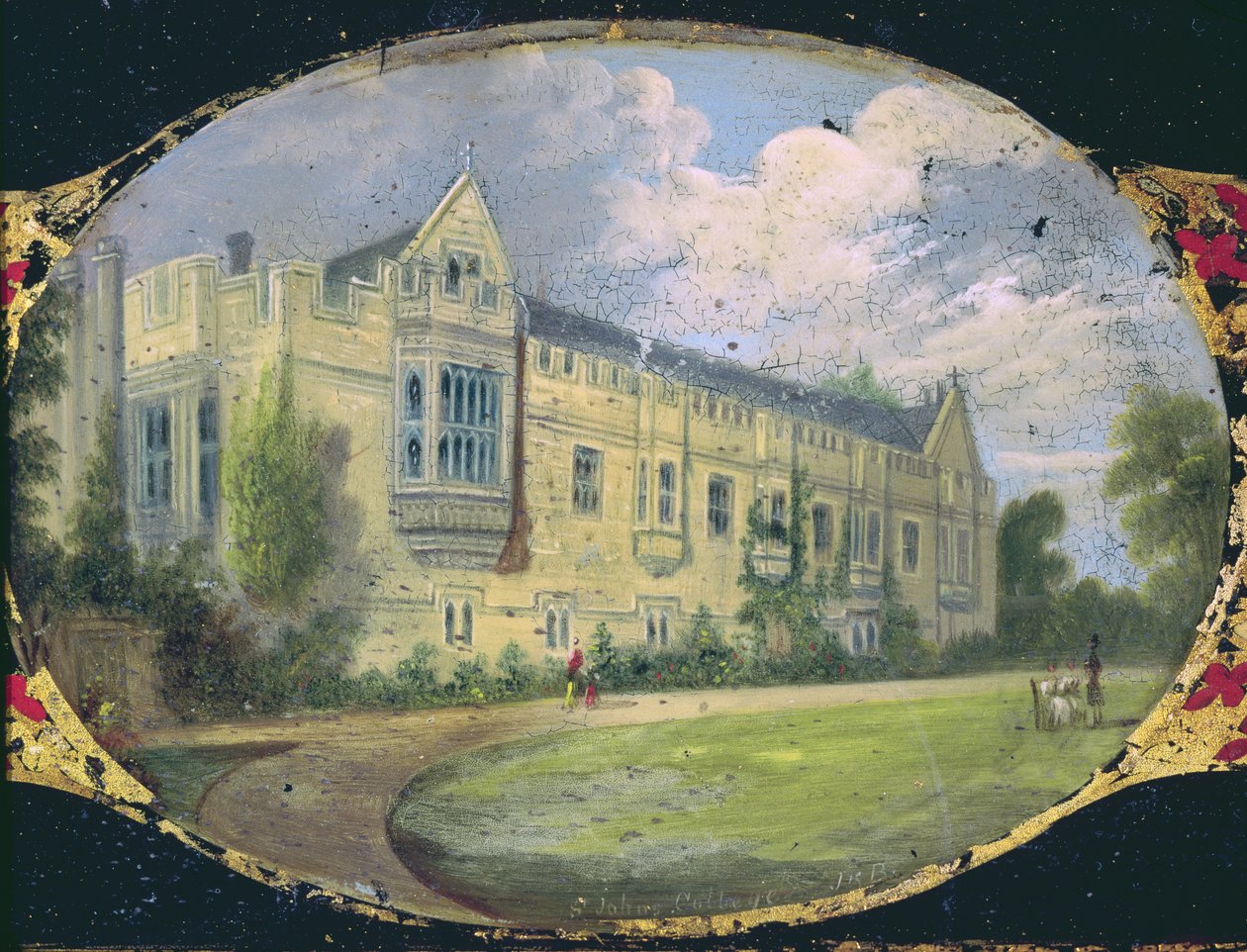 John's College bahçeleri, Oxford'un oval bir kamera hücresiyle süslenmiş Viktorya dönemi dikiş kutusu paneli (kağıt mache) by L. and Bettridge, H. Jennens