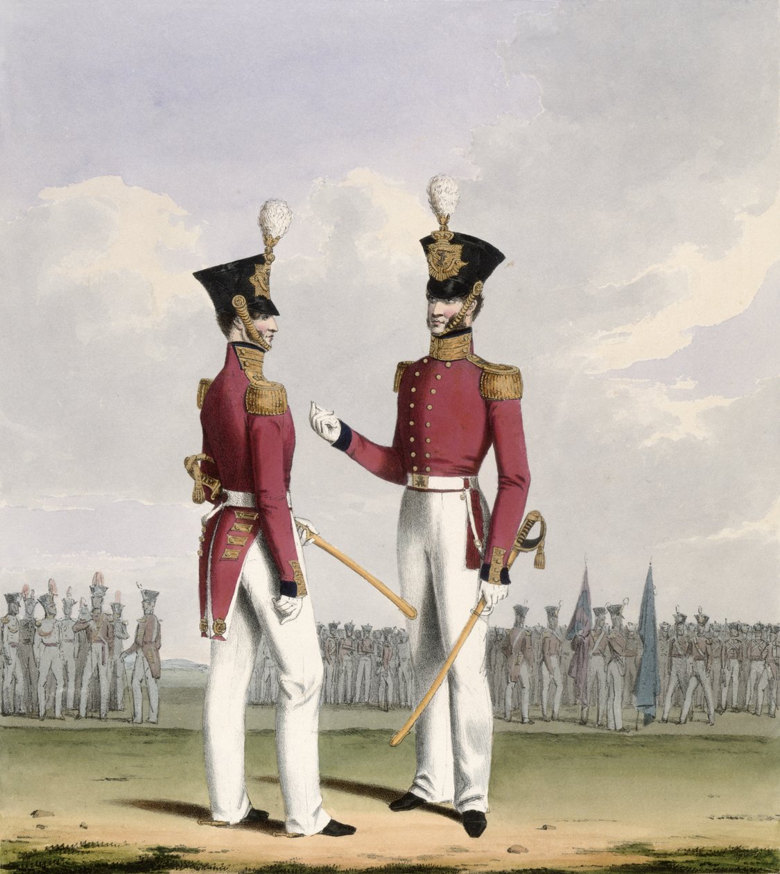 Kraliyet Deniz Kuvvetleri Saha Görevlileri, 'Kraliyet Donanması ve Deniz Piyadeleri Kostümü'nden 2. plaka, sanatçılar tarafından oyulmuş, c.1830-37 by L. and Eschauzier, St. Mansion