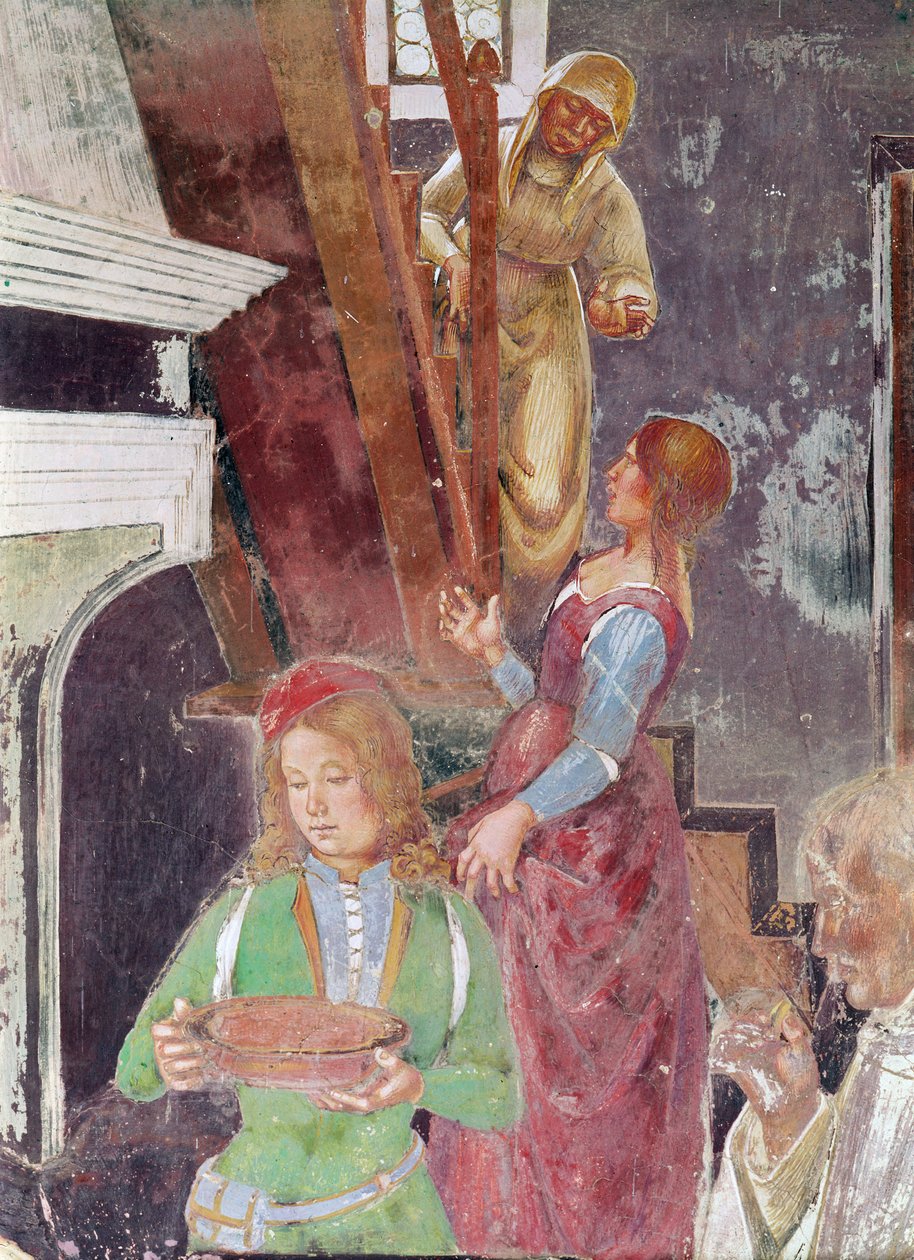 Bir tabak tutan genç hizmetçi, St. Benedict