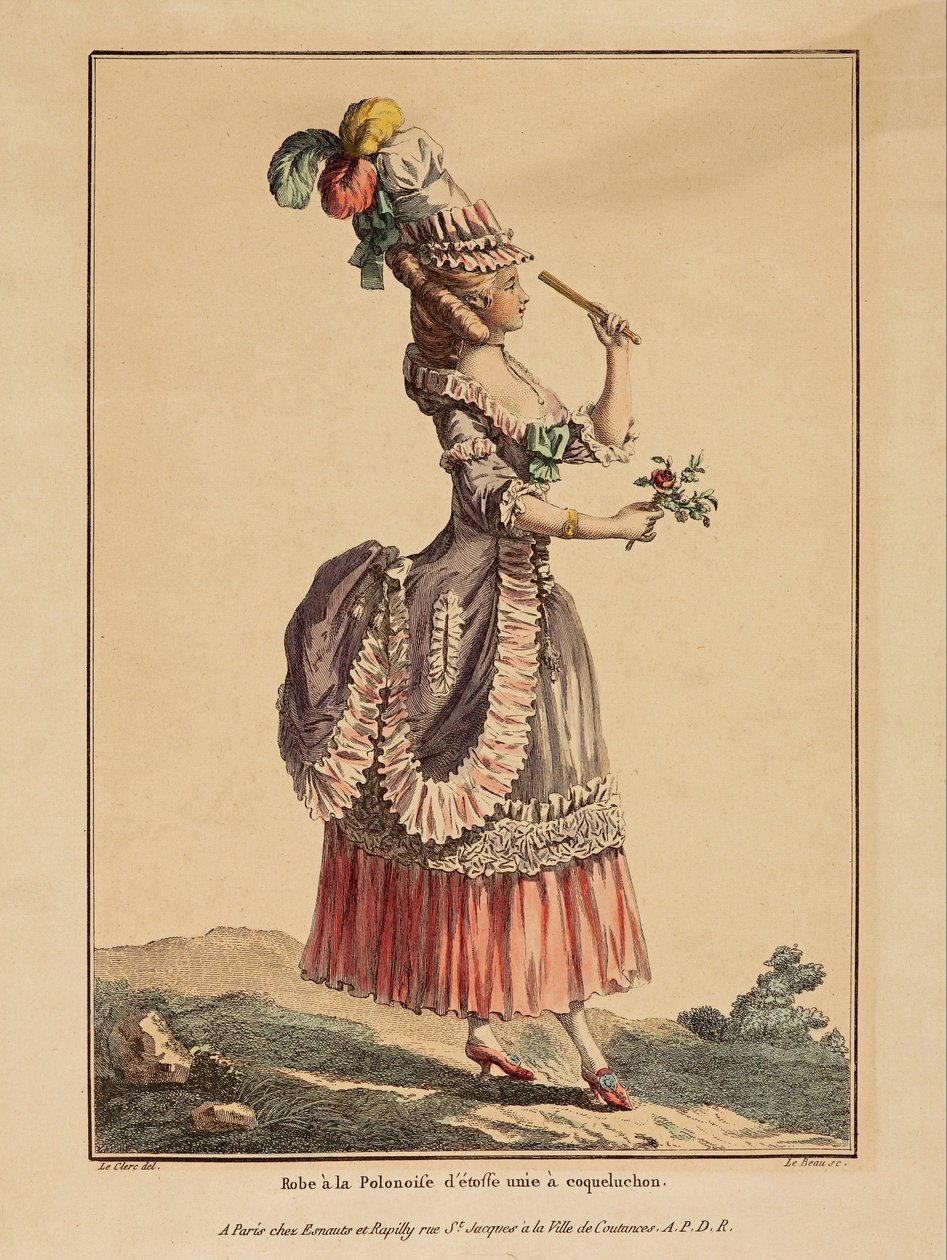 Moda Galerisi; Leclerc; çift ​​- yazdır; renkli gravür - Gelincik başlıklı düz kumaştan Poloniose elbise by La Gallerie des Modes, Le Clerc, Dupin