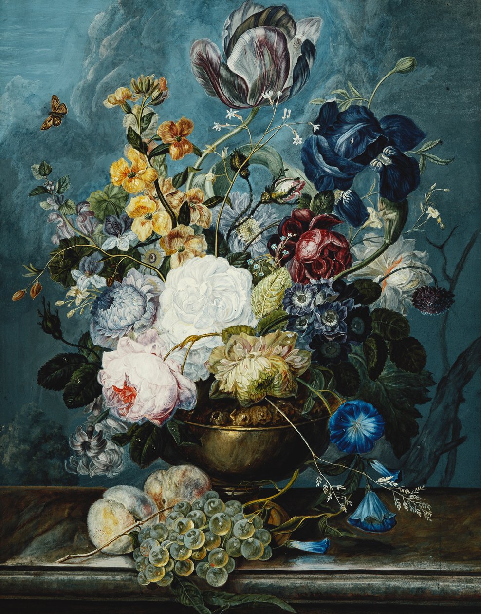 Taş Kenarda Üzüm ve Şeftali ile Vazoda Güller, Lale, İris, Yıldızçiçekleri, Lamium, Unutma beni, Convolvulus, Auricula ve Delphiniums, by Ladislaus Tumal