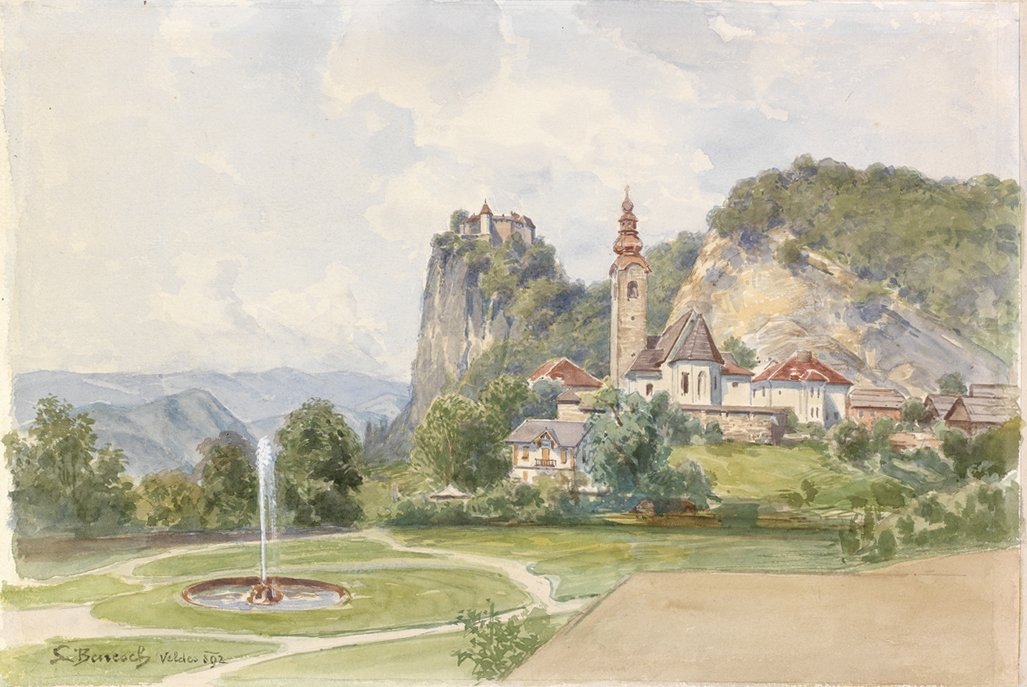 Arka planda bir kale ile Bled-bölge kilisesi by Ladislav Benesch