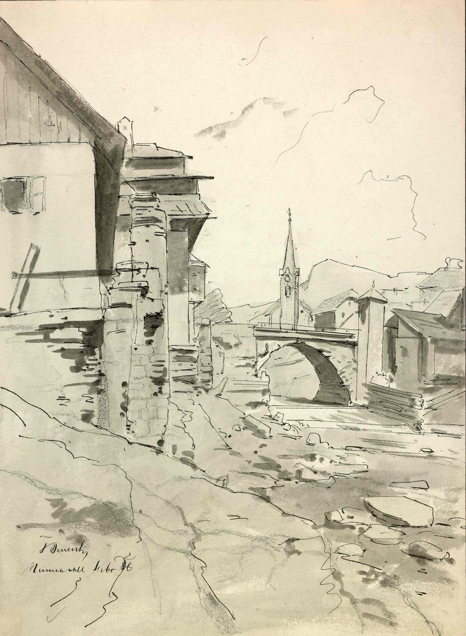 Trzic, arka planda bir köprü ve bir kilise ile motif by Ladislav Benesch