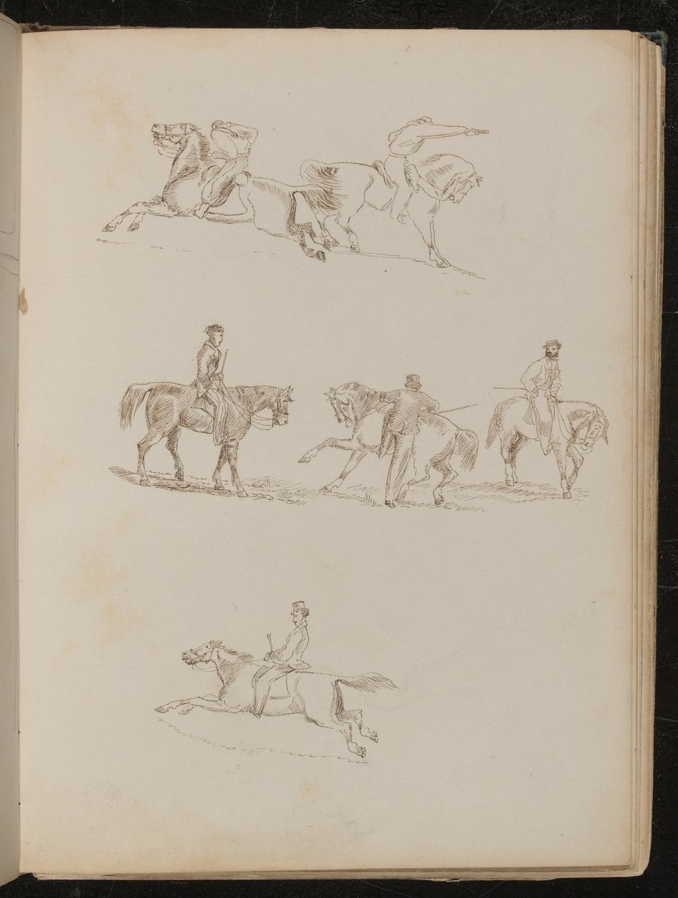 Çeşitli pozlarda çeşitli erkek binicilerle, biri kaldırılmış tabanca (kalem ve mürekkep) ile atların altı çalışması by Lady  Butler