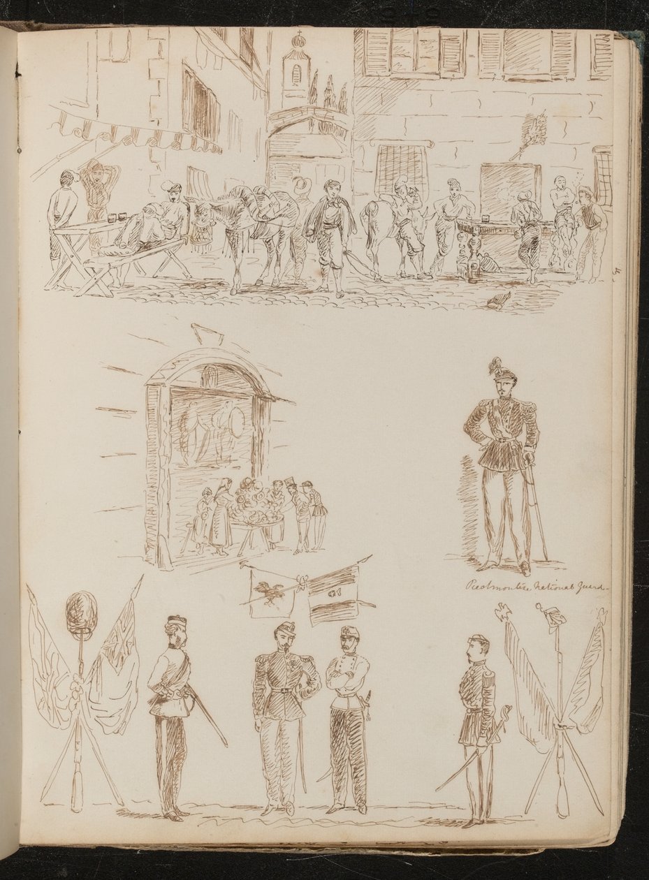 Askerlerin içki içtiği bir kasaba sahnesi, bir pazar tezgahı çalışması, bir Piedmont ulusal muhafızı çalışması, dört askerin çalışması ve çapraz bayraklar by Lady Butler