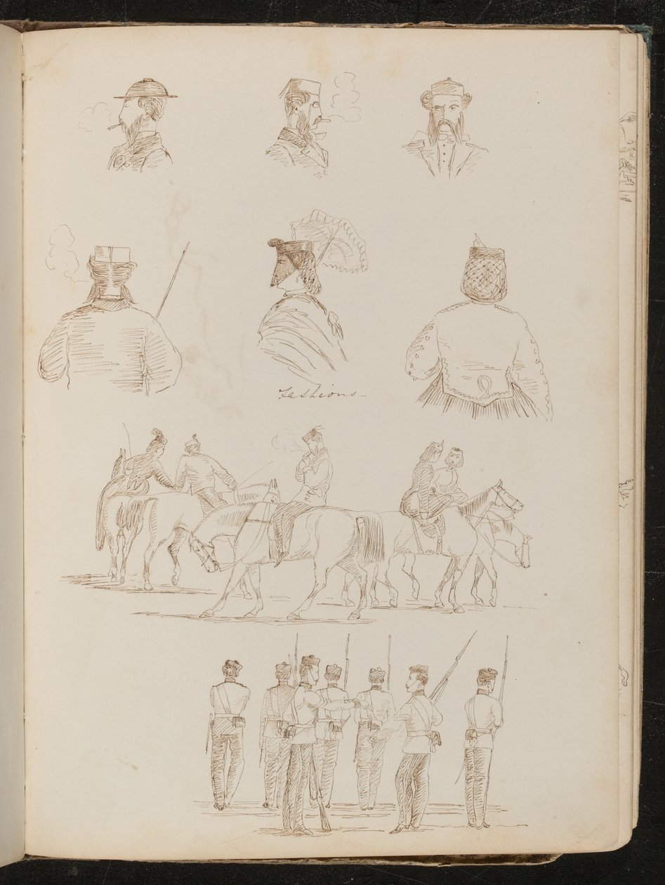 Dört erkek büst çalışması, ikisi şemsiyeli kadın çalışması, at sırtında kadın ve erkek grubu çalışması, asker grubu çalışması by Lady Butler