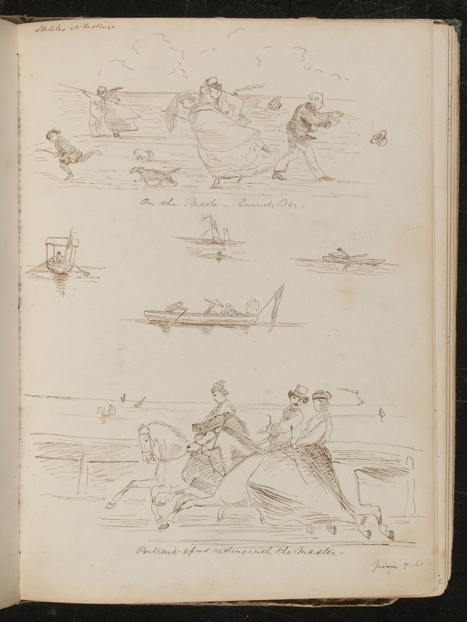 "Geçit Geçit Töreninde, rüzgarlı bir gün", günübirlik gezi tekneleri, "ustayla binmek" yazılı at binicileri by Lady Butler