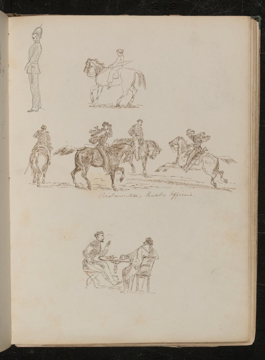 Tam üniformalı asker, at sırtında olta taşıyan bir gencin çalışmaları, atlı dört adam yazılı "Piedmont Süvari Subayları" by Lady Butler