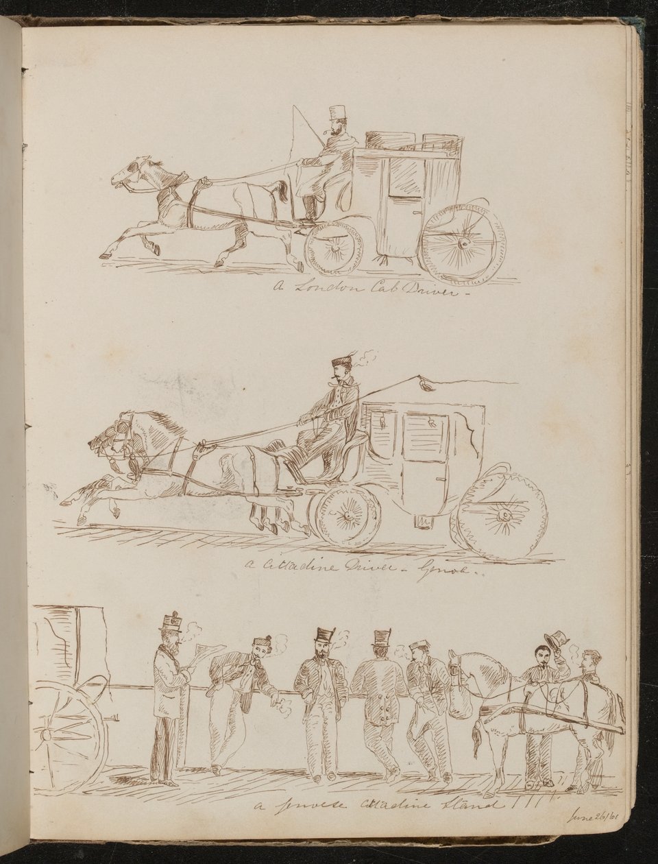 "Bir Londra taksi şoförü", "bir Cittadine Sürücüsü - Cenova" ve "Bir Ceneviz Cittadine standı" çalışmaları, "26/61 Haziran" tarihli by Lady Butler