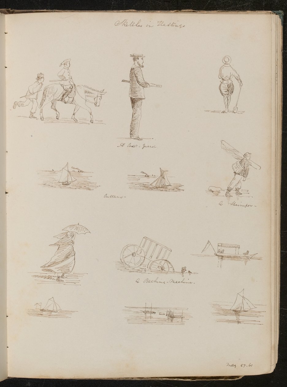 Üzerinde "Bir Sahil Güvenlik mi?" yazan bir denizci, "Cutters" yazılı tekneler, bir Karides, "27-61 Mayıs" tarihli şemsiyeli bir kadın ile ilgili altı araştırma by Lady Butler