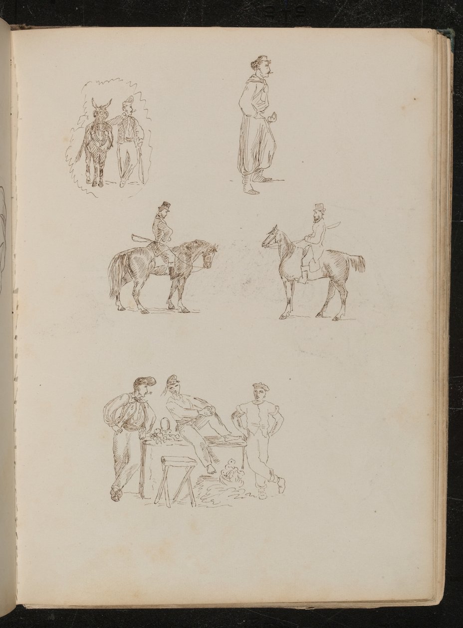 Atlı erkek figürlerinin incelenmesi, sigara içen ve kılıç kullanan askerlerin incelenmesi, ahırlı üç meyve satıcısının incelenmesi by Lady Butler
