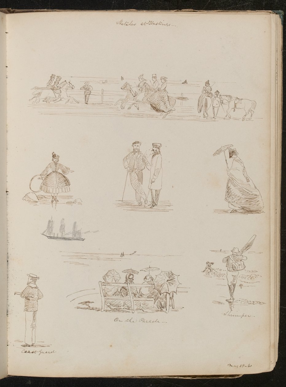 Erkek ve kadın çalışmaları "On the Parade", "Shrimper" etiketli ağlı bir adam, "Sahil güvenlik" etiketli bir denizci, "28-61 Mayıs? by Lady Butler