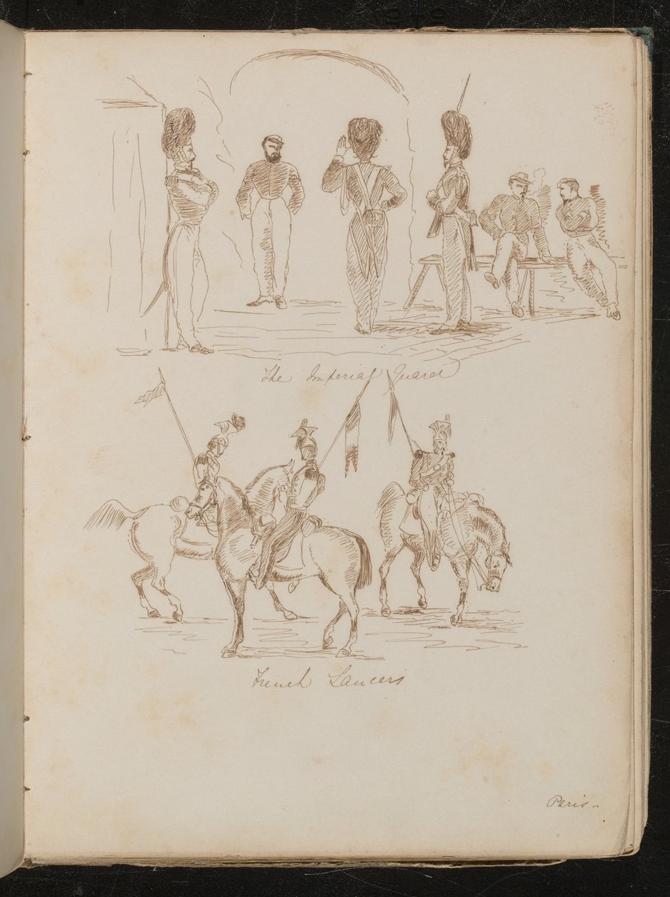 "İmparatorluk Muhafızları" yazılı askerlerin çalışmaları, at sırtında bayraklı askerlerin "Fransız Mızraklıları" yazılı by Lady Butler