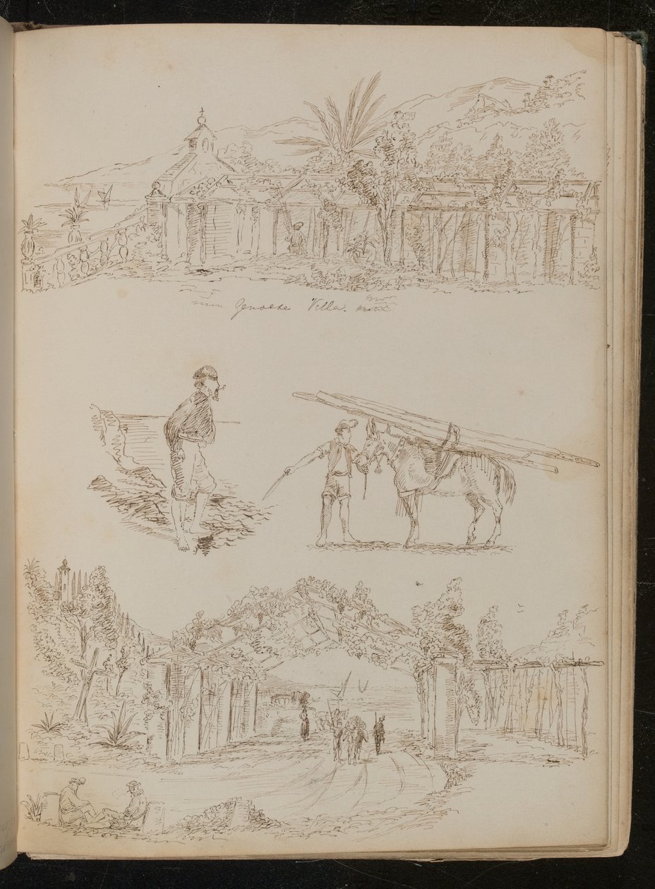 "Ceneviz Villası" çalışması, pipolu bir adam, yük arabası, figürlü peyzajlı bir kemer by Lady Butler