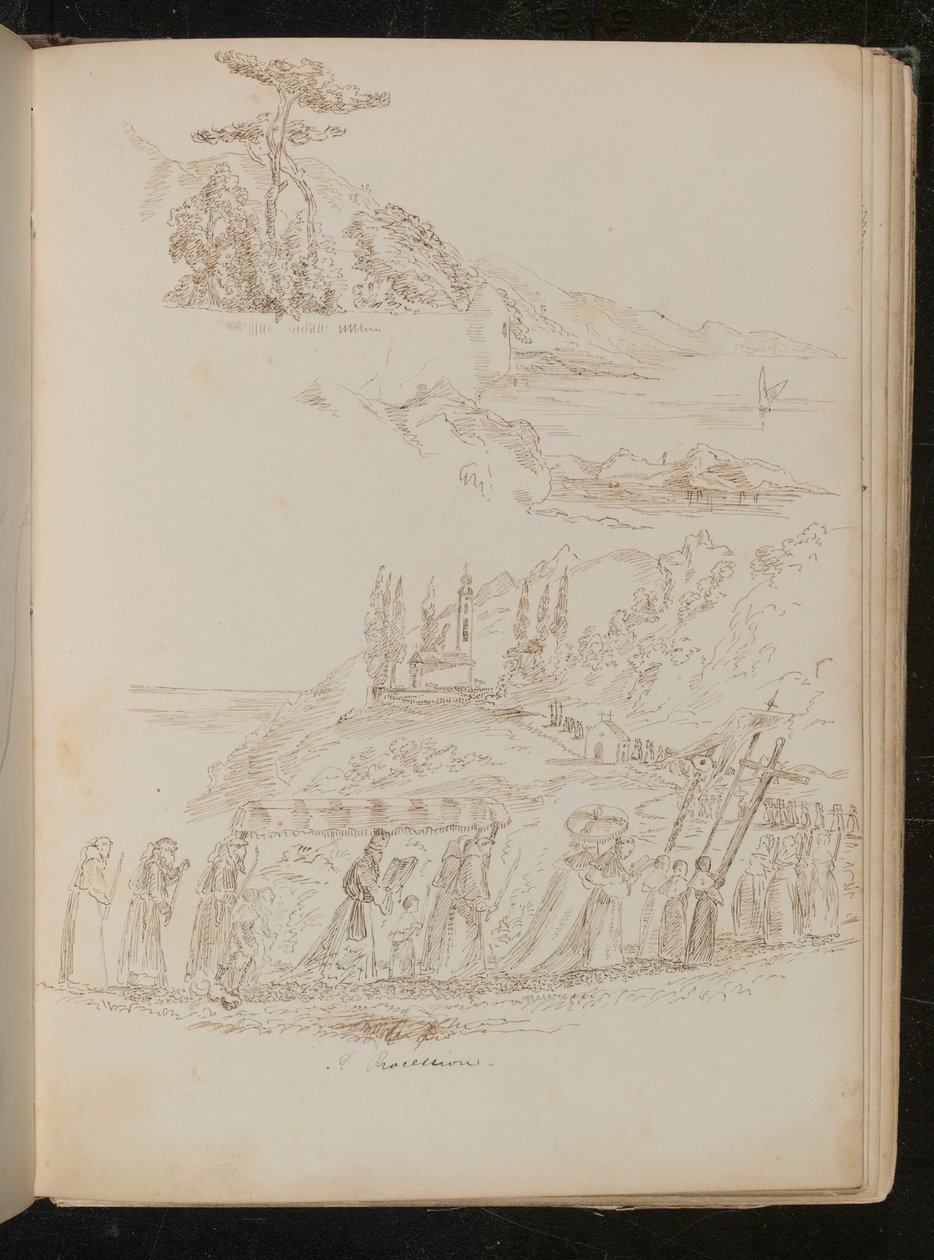 Bir kıyı manzarasında bir manastır "Alayı" çalışması by Lady Butler
