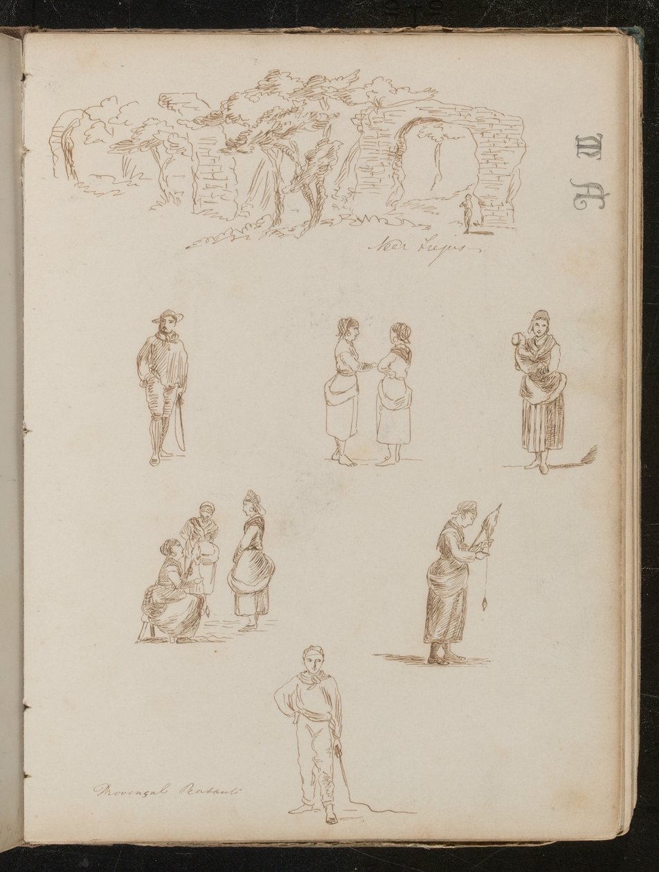 "Frejis yakınlarında" yazılı ağaçlar ve harap kemerler ile peyzaj çalışması, "Provençal Köylüler? by Lady Butler