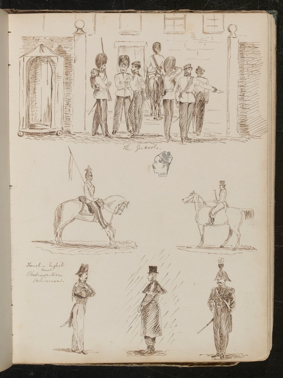 "Muhafızlar" çalışması, atlı askerler üzerine iki çalışma, Fransız, İngiliz ve Piedmont polisleri üzerine üç çalışma by Lady Butler