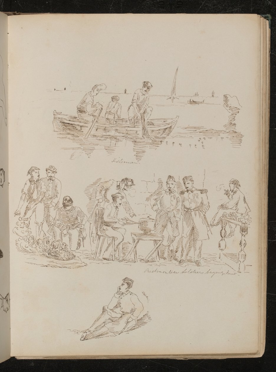 Kayıkta "Balıkçılar" yazılı üç figür, "Piyemonte askerleri meyve alıyor" yazılı sekiz figürlü pazar sahnesi by Lady Butler