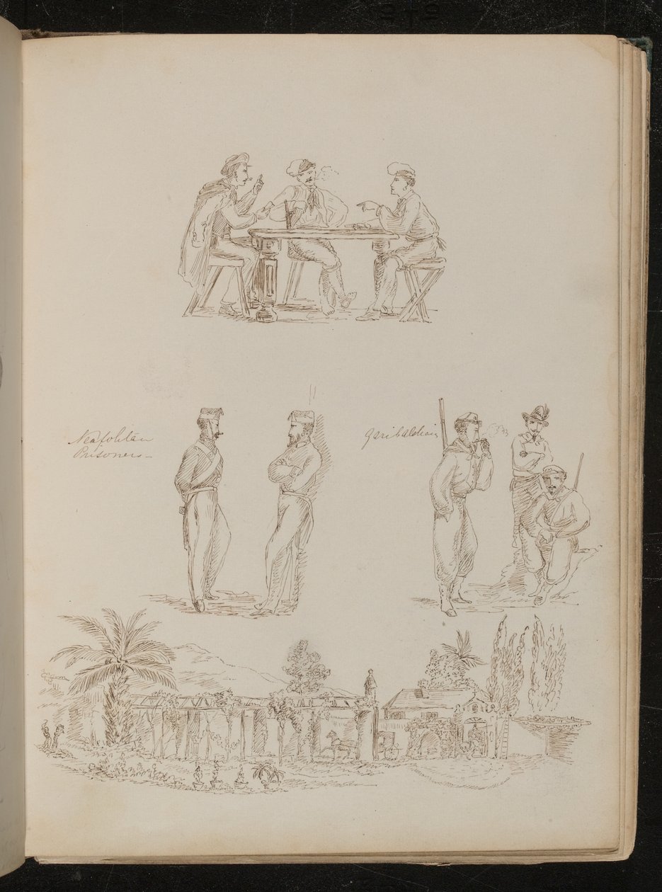 Üç asker kağıt oynuyor, iki "Neopolitan Mahkûm" sohbet ediyor, üç "Garibaldian" rahat ve sigara içiyor, bir Ceneviz villası by Lady Butler