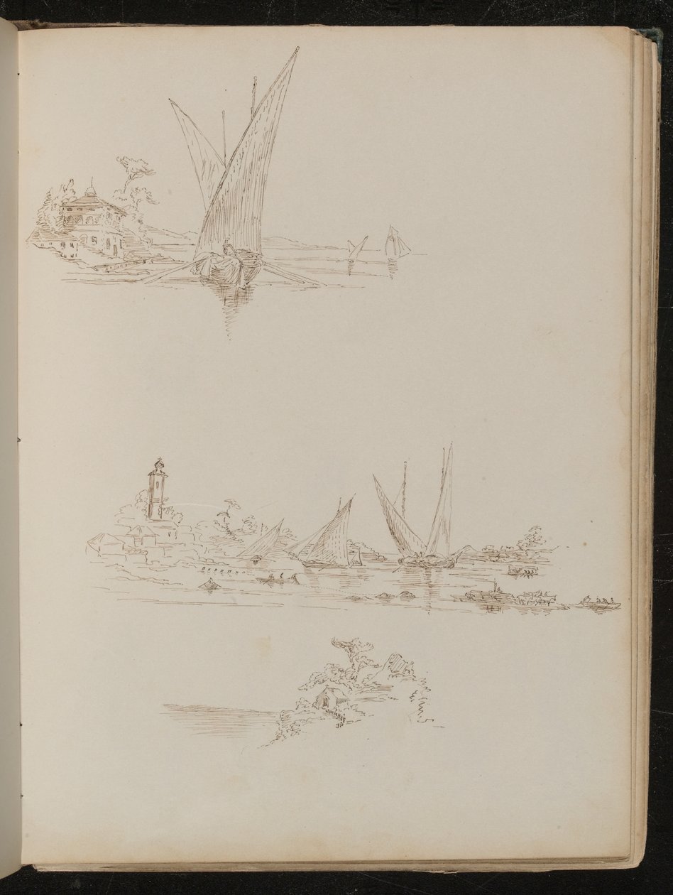 Gemiler, tekneler ve kıyı manzarası üzerine üç çalışma by Lady Butler