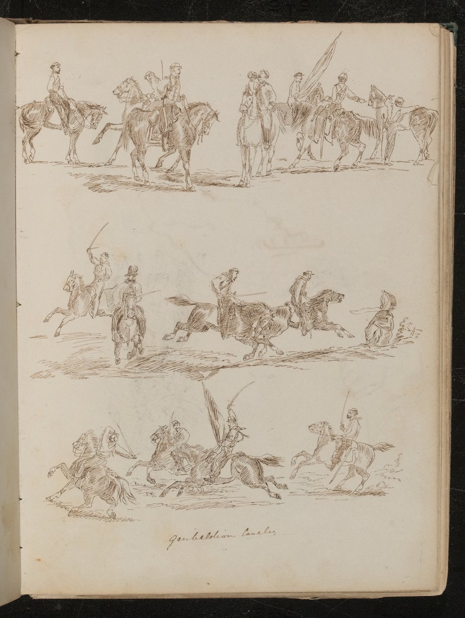 "Garibaldian Süvari" yazılı atlı askerlerin üç çalışma by Lady Butler