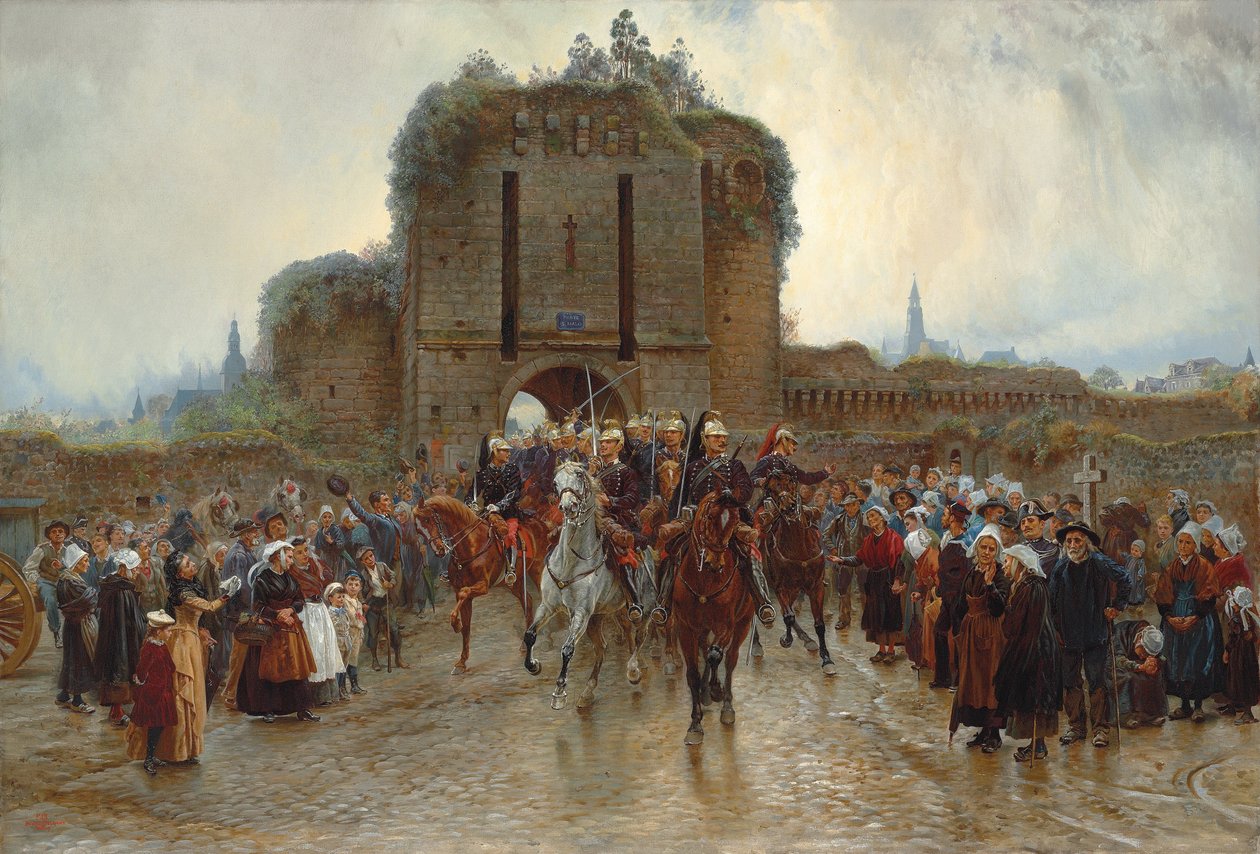 Önde: Fransız süvarileri savaş ilanıyla bir Breton şehrini terk ediyor, 1888-89 by Lady Butler