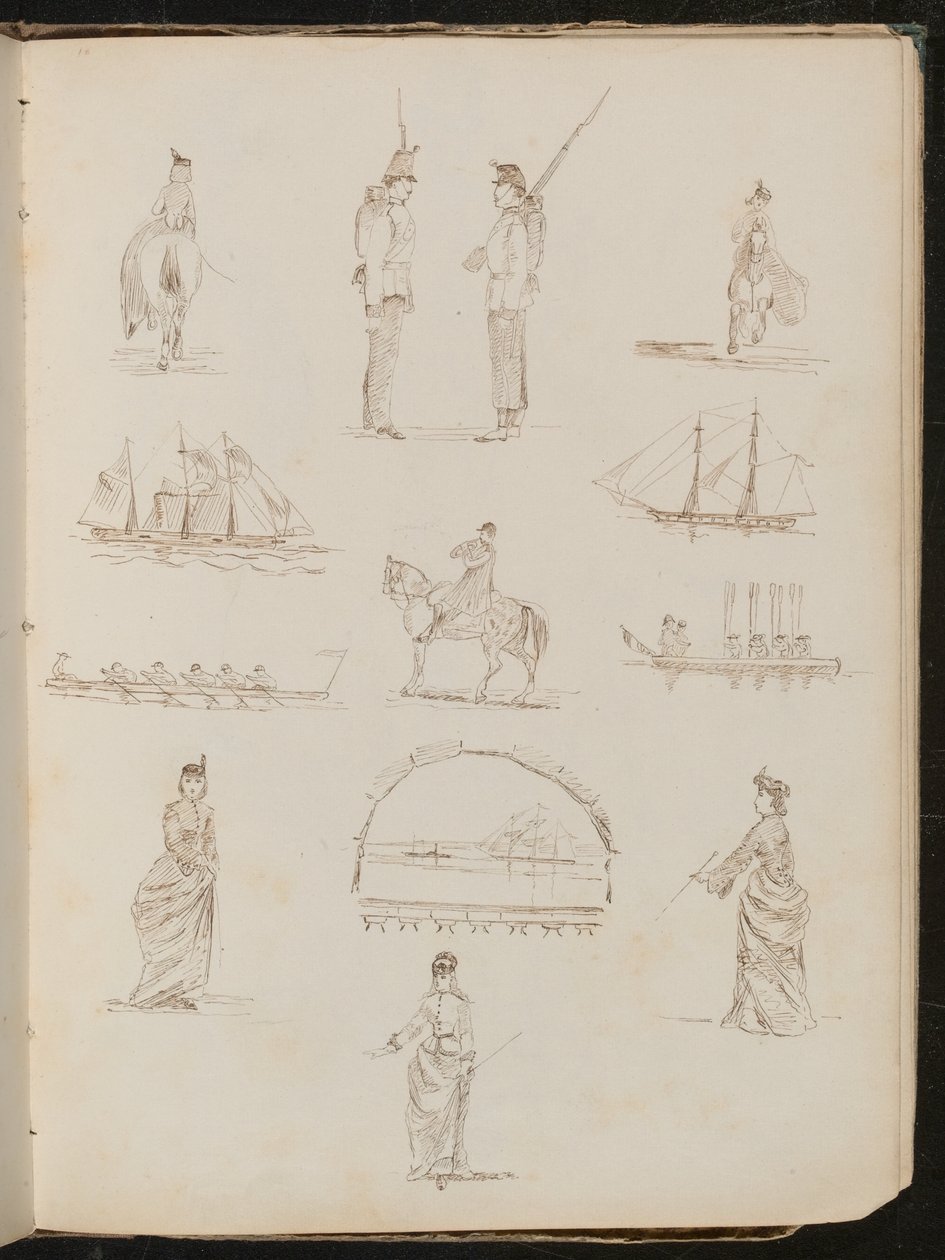 Yan eyere binen kadını, sohbet eden askerleri, gemileri, at üzerinde hırsızı gösteren on iki çalışma by Lady Butler