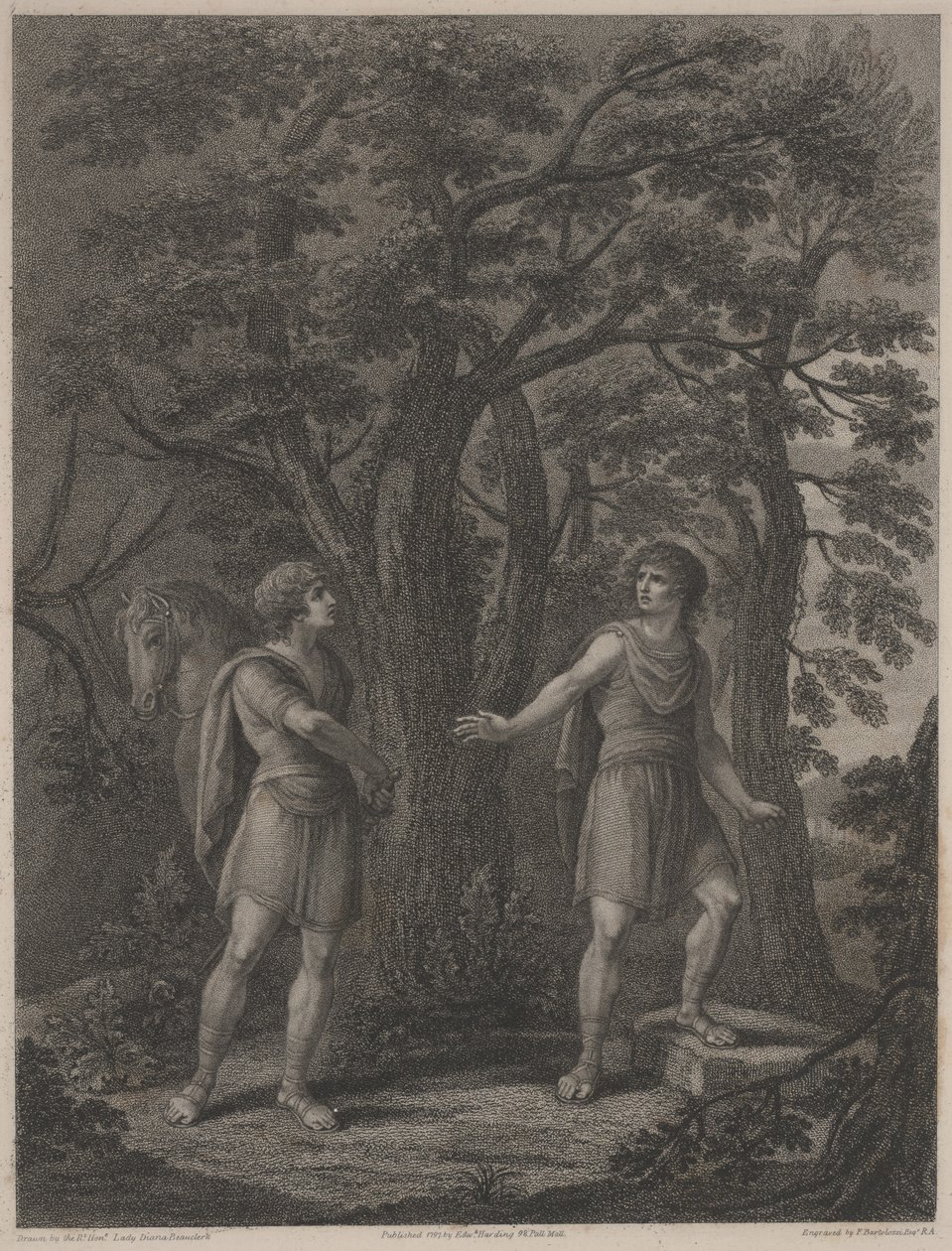 "Palamon ve Arcite" den illüstrasyon, Francesco Bartolozzi 1797 tarafından yapılan baskı (nokta gravürü) by Lady Diana (after) Beauclerk