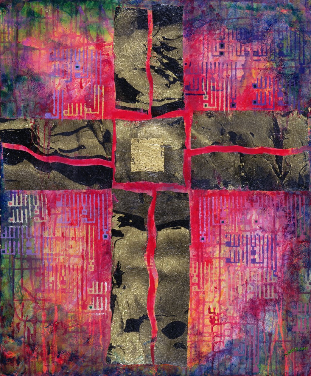 Divided Cross, 2000 (tuval üzerine akrilik ve altın varak) by Laila Shawa