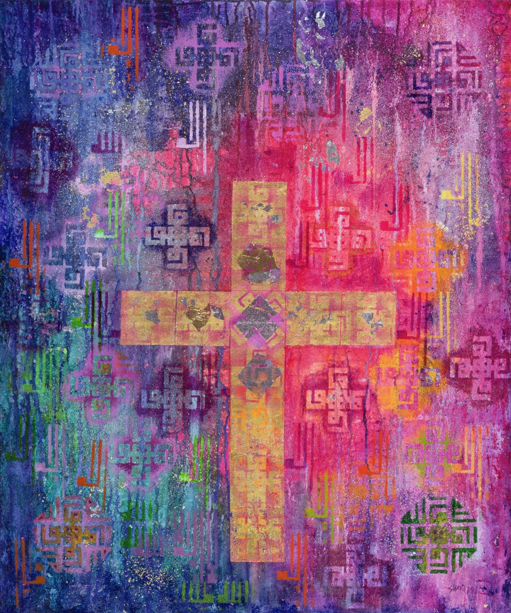 Eastern Cross, 2000 (tuval üzerine akrilik ve altın varak) by Laila Shawa