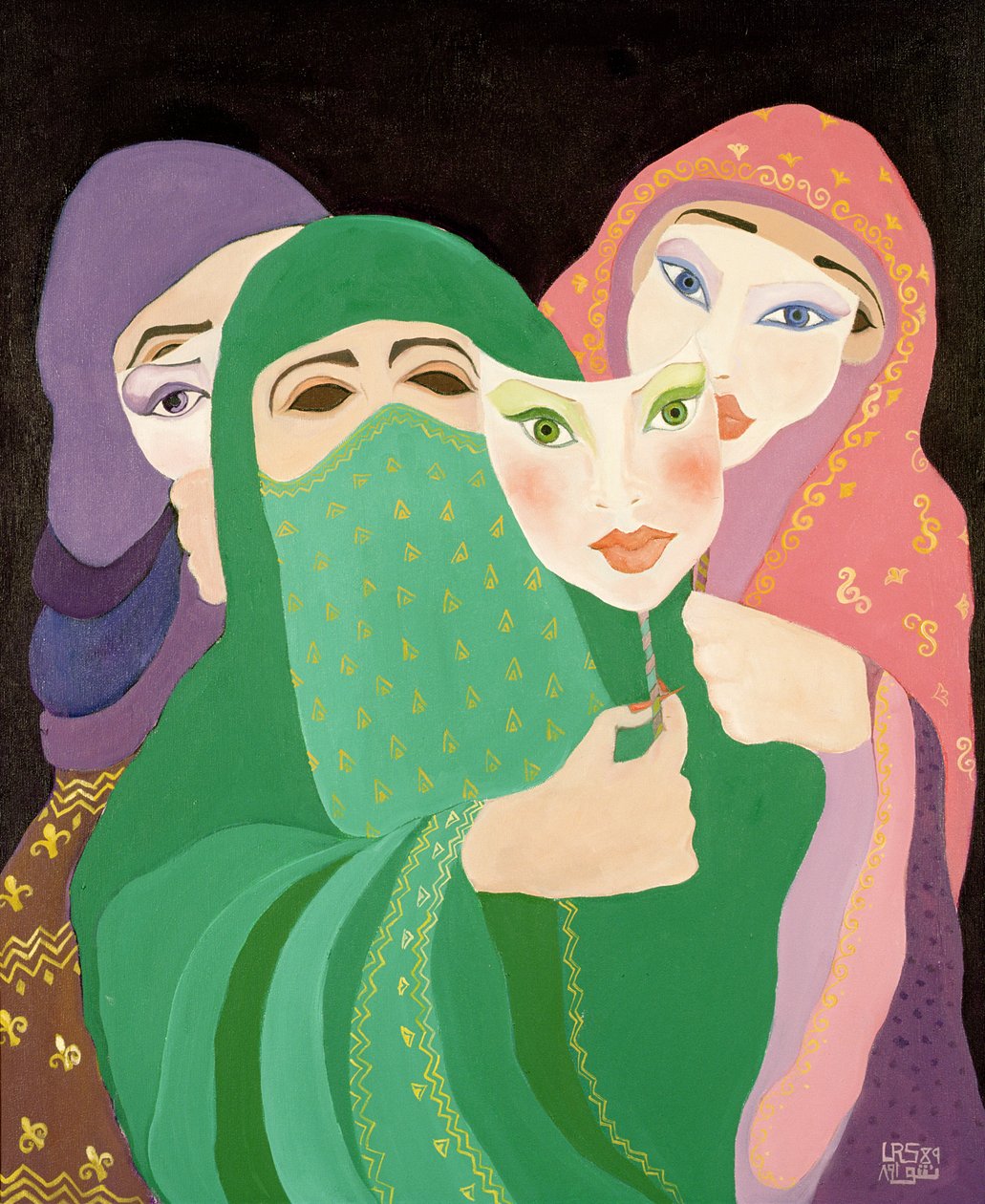 Maskeler, 1989 (tuval üzerine akrilik) by Laila Shawa