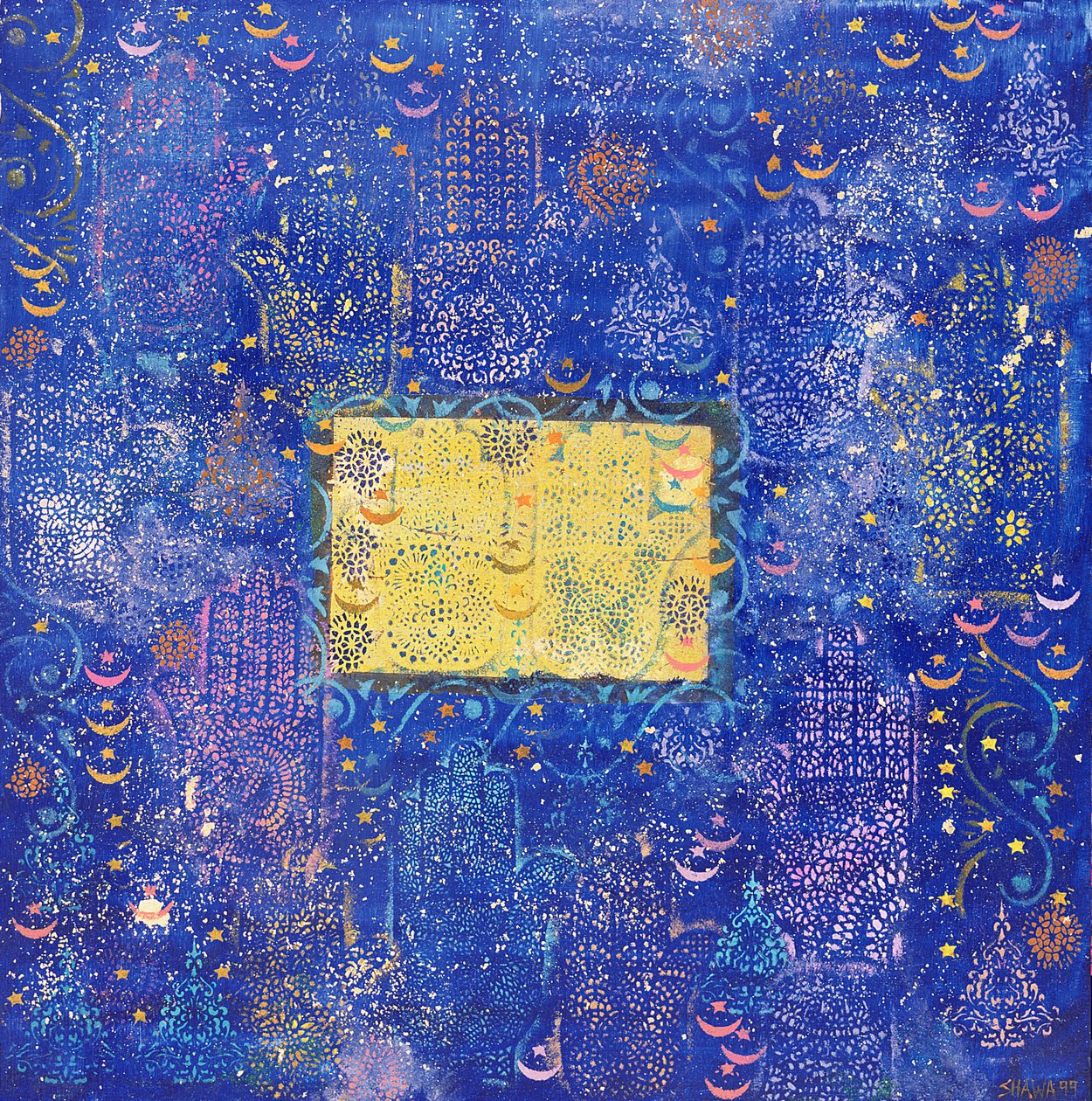Kader Gecesi, 1990 (gemide akrilik ve altın varak) by Laila Shawa