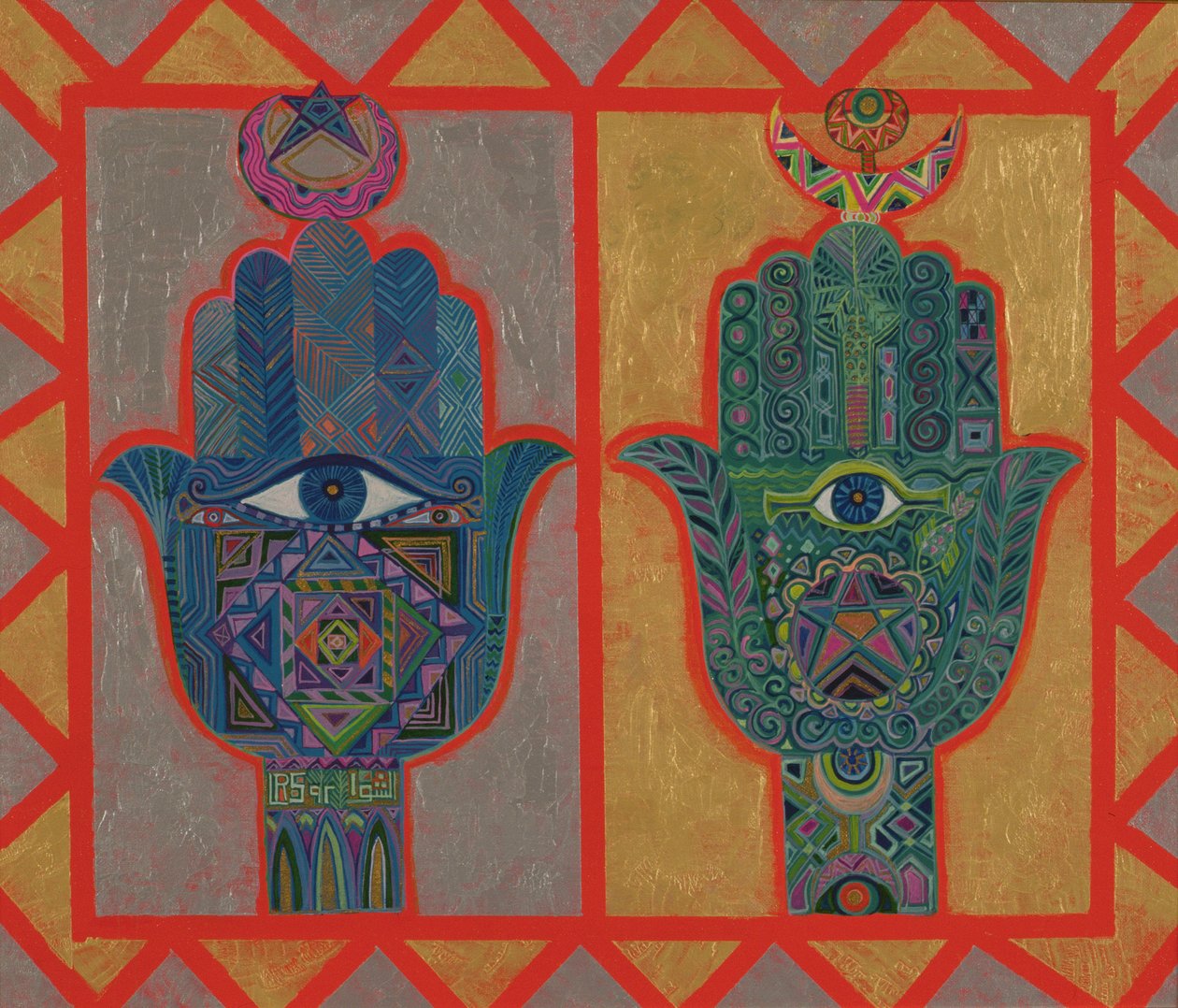 Koruyucu Eller, 1992 (gemide akrilik) by Laila Shawa