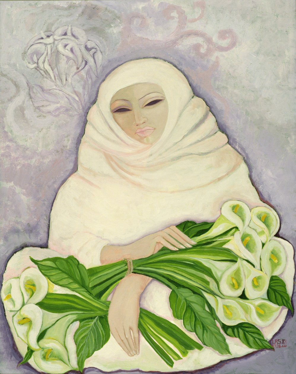 Zambak Satıcısı, 1989 (tuval üzerine akrilik) by Laila Shawa
