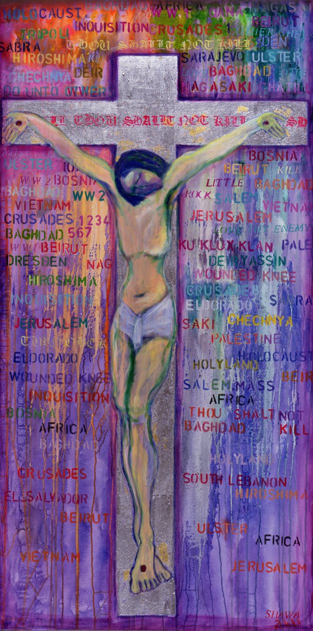 Thou Shalt Not Kill, 2000 (tuval üzerine akrilik ve gümüş varak) by Laila Shawa