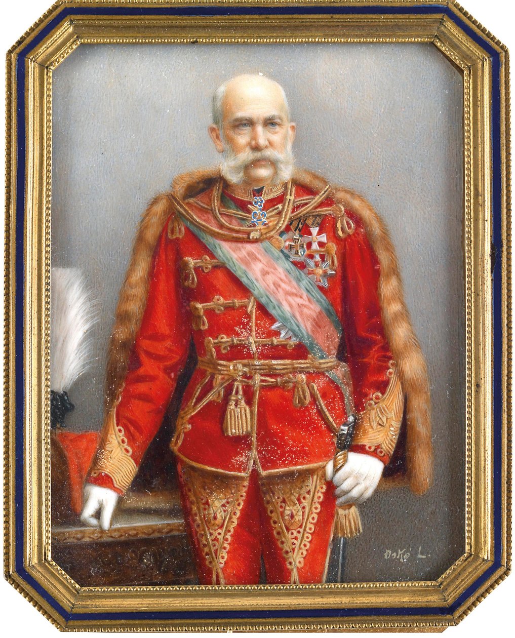 Avusturyalı François Joseph I (1830-1916), Macar üniformalı portresi. Lajos Osko (1865-1922), boynuz üzerine suluboya ve guaj çalışması. Macar sanatı, akademik sanat. Özel koleksiyon. by Lajos Osko