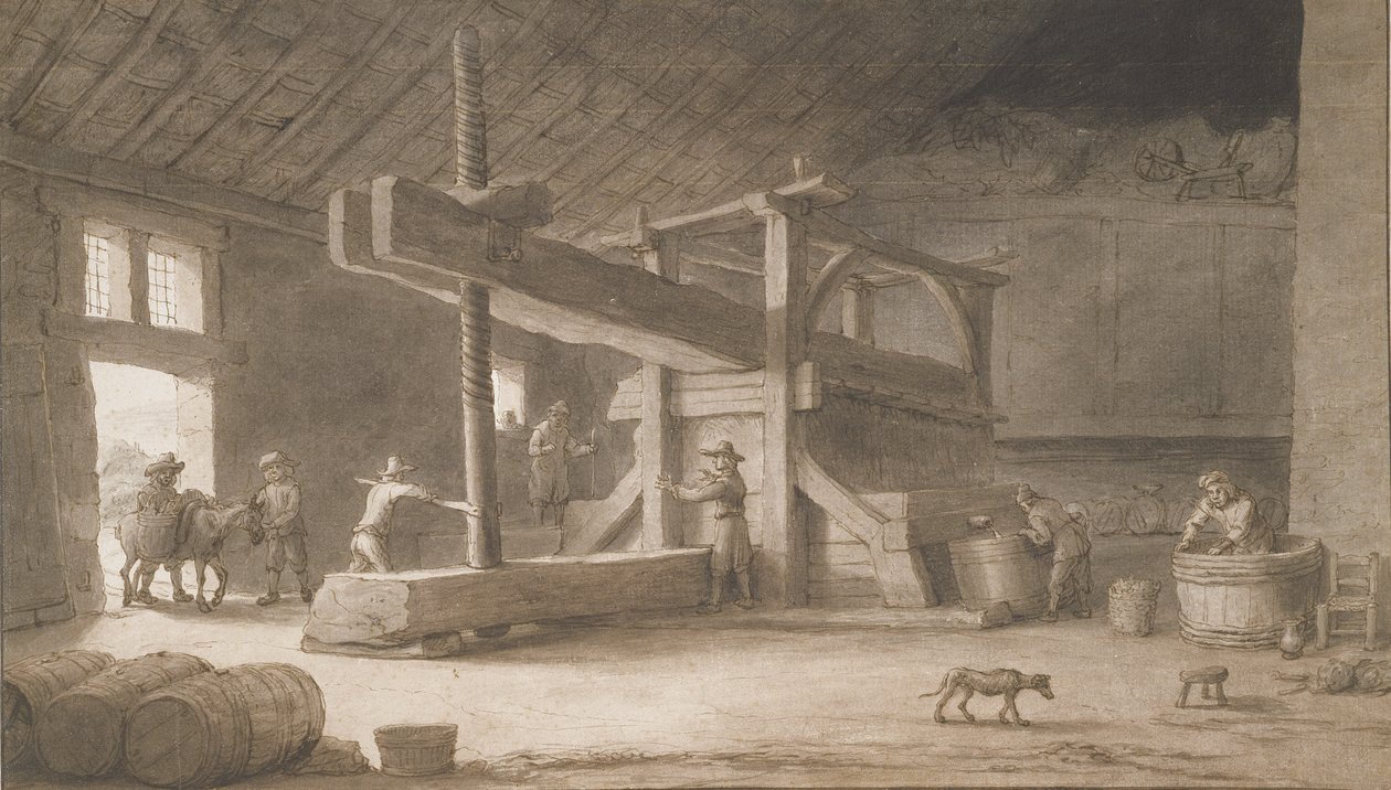 Mösyö Dittyl'in Winepress of Monsieur Dittyl, Nantes dışında, c.1670 (kağıt üzerinde yıkama ile kalem ve mürekkep) by Lambert Doomer
