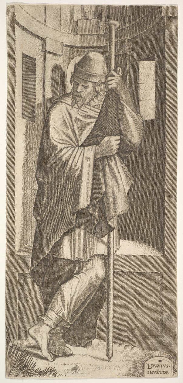 St. James Major bir nişin önündeki bir direğe yaslanmış, sol ayağı sağ ayağının üzerinden geçmiş, fro..., 1545. by Lambert Suavius