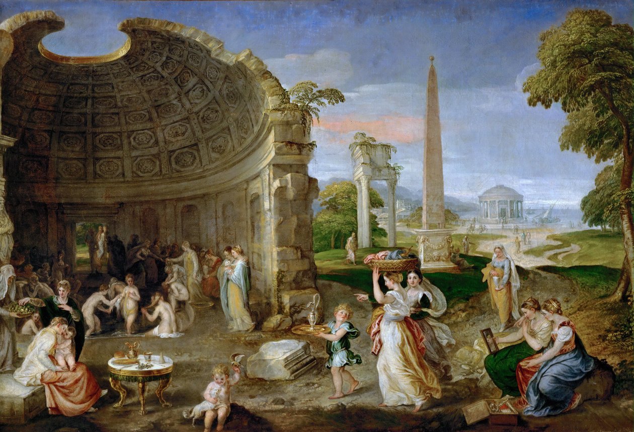 Antik harabeler ve banyo yapan kadınların olduğu manzara - Lambert Sustris (Alberto de Olanda) (1515/20- 1591
